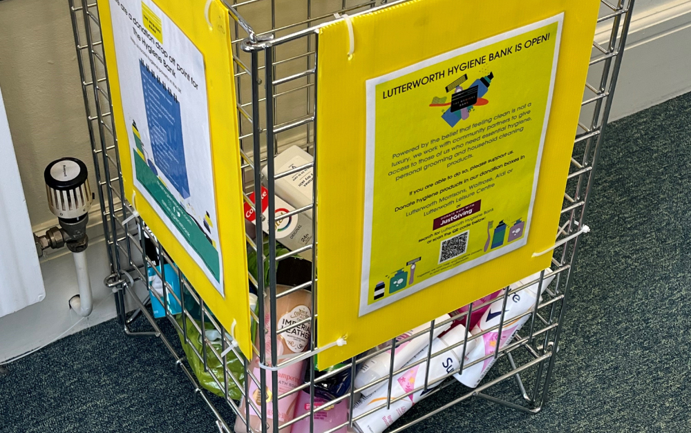 A metal donation bin for hygiene products in a branch.