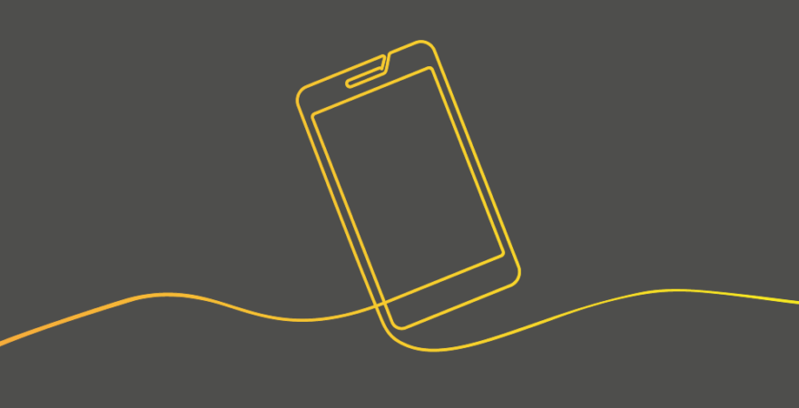 Line drawing of mobile phone in yellow with a grey background.