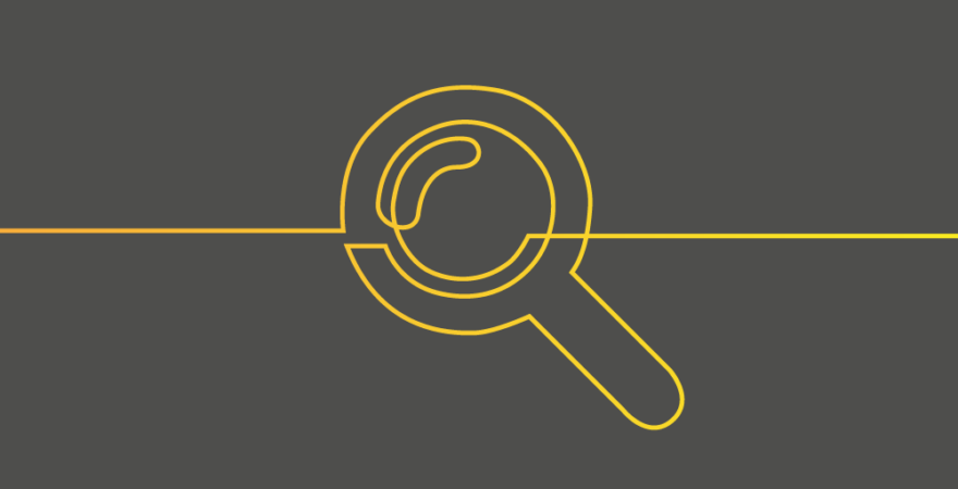 Line drawing of a magnifying glass in yellow on grey background.