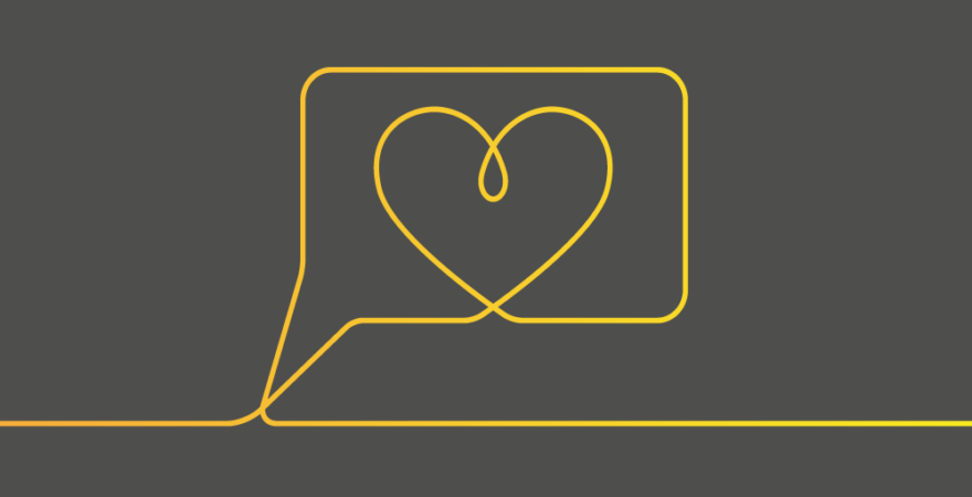 Line drawing of a heart in a chat bubble in yellow on a grey background.