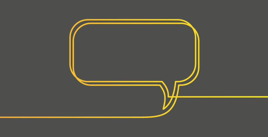 Line drawing of a chat bubble in yellow on a grey background.